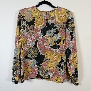 Vintage 80s Floral Blouse Colorful Shoulder Pads Top Long Sleeve Willow Ridge M